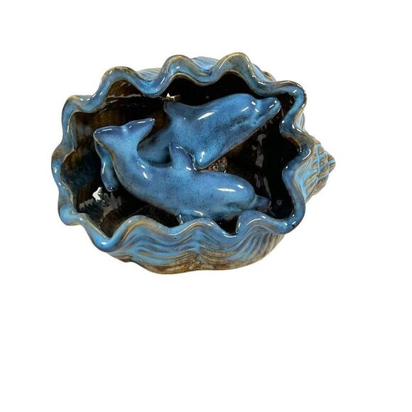 Pottery Dolphin Votive Candle Holder Blue Tealight Seashell Beach Conch Shell - Picture 1 of 8